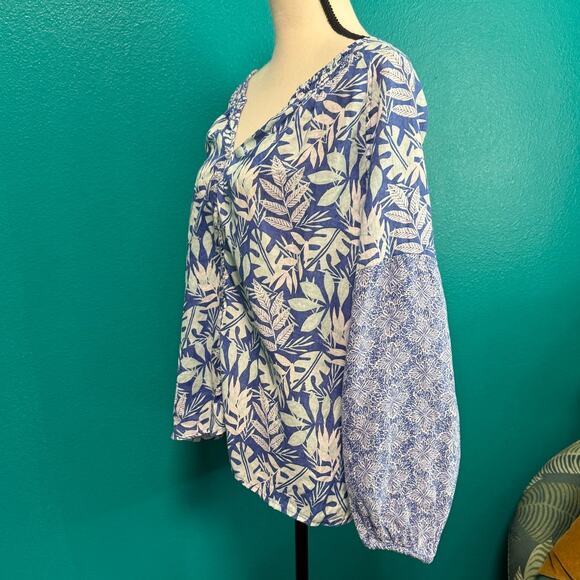 Sigrid Olsen 100% Linen Blue Botanical Long Sleeve Peasant Blouse Women's Large - Picture 7 of 10
